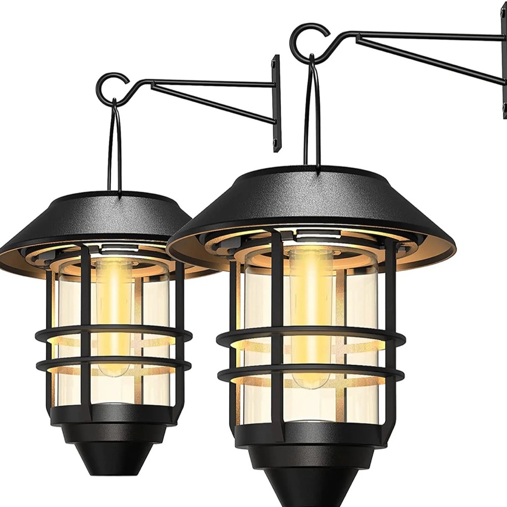 2 Pack Security Solar Hanging Lanterns, Solar Wall Lights Outdoor  15 Lumen